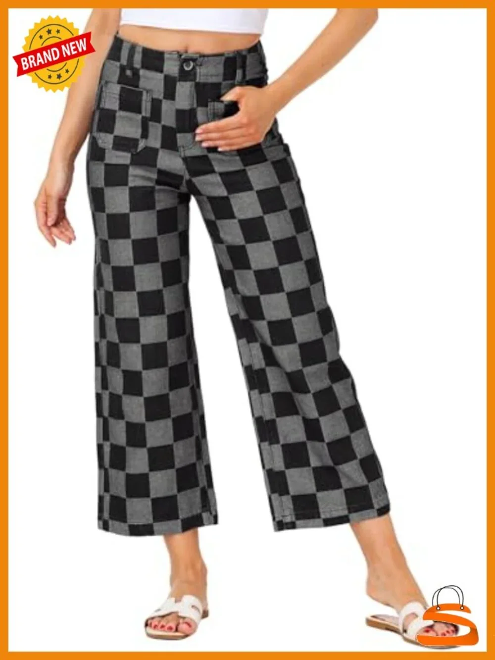 Checkered Cropped Straight Leg Stretchy Denim Jeans with Pockets